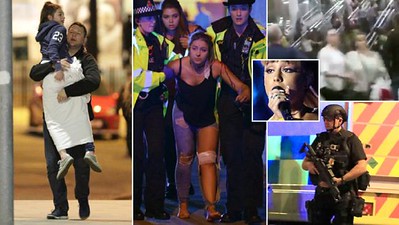 a collage of images depicting the after math of the manchester arena terror attack during an Ariana Grande concert