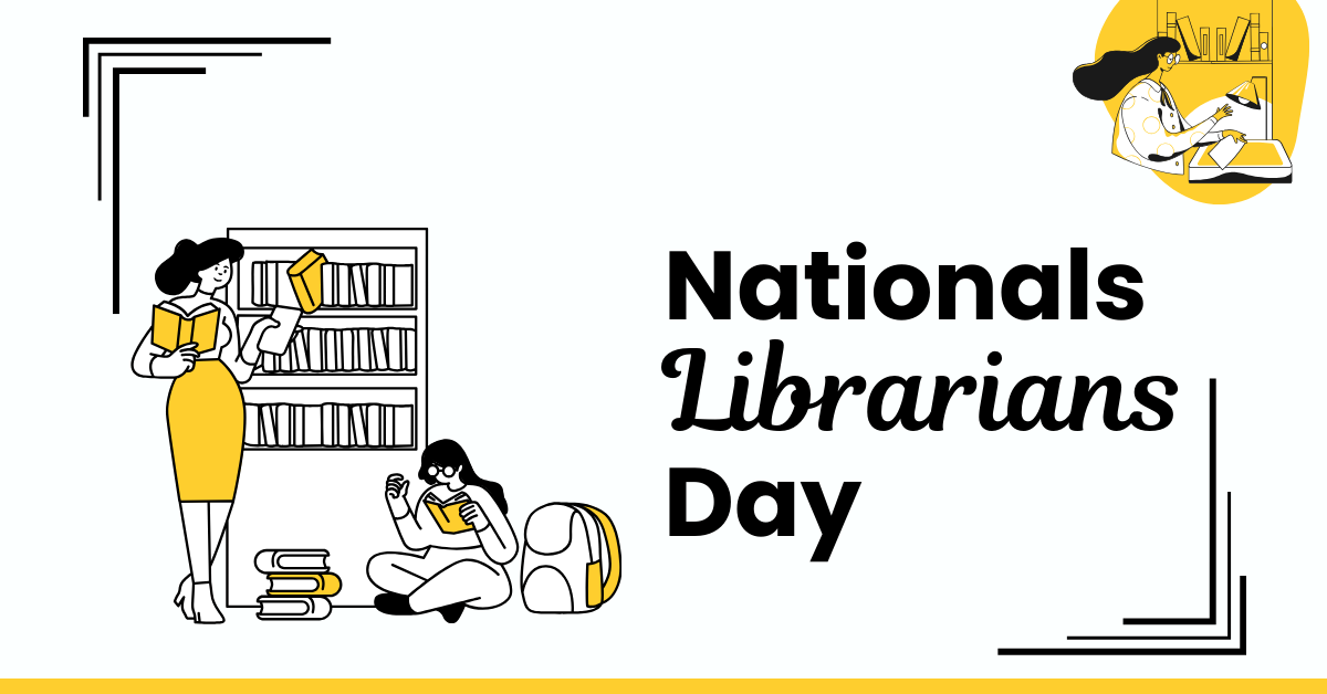 National Librarians Day Sketch of a lady and student in the library choosing and reading books