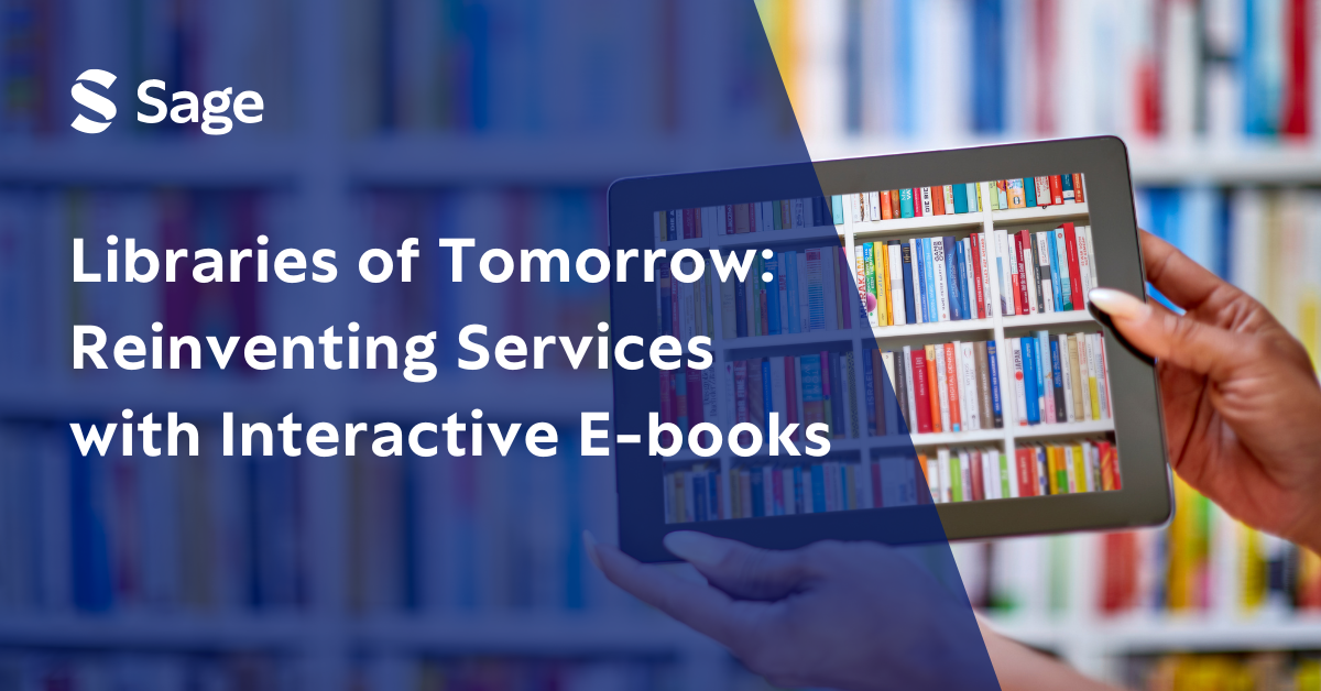 Tablet displaying books from a library shelf with caption of Reinventing Services with Interactive E-books