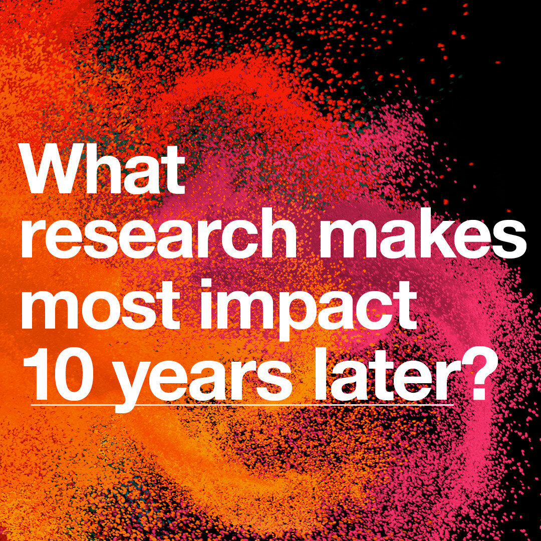 White text on colourful backgroun: What research makes most impact 10 years later?